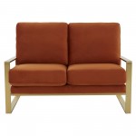 Leisuremod Jefferson Contemporary Modern Velvet Loveseat With Gold Frame, Orange