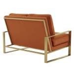 Leisuremod Jefferson Contemporary Modern Velvet Loveseat With Gold Frame, Orange