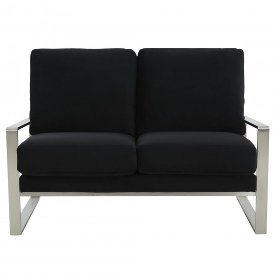 Leisuremod Jefferson Contemporary Velvet Loveseat With Silver Frame, Black