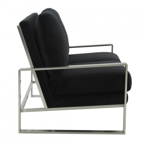 Leisuremod Jefferson Contemporary Velvet Loveseat With Silver Frame, Black