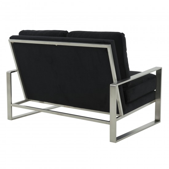Leisuremod Jefferson Contemporary Velvet Loveseat With Silver Frame, Black