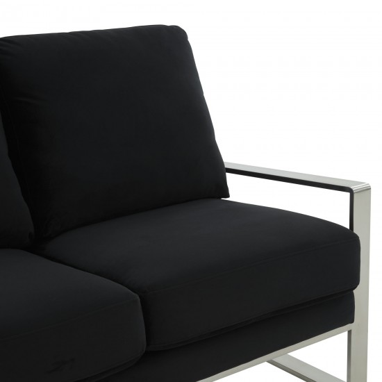 Leisuremod Jefferson Contemporary Velvet Loveseat With Silver Frame, Black