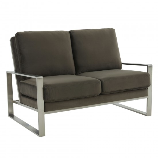 Leisuremod Jefferson Contemporary Velvet Loveseat With Silver Frame, Dark Grey