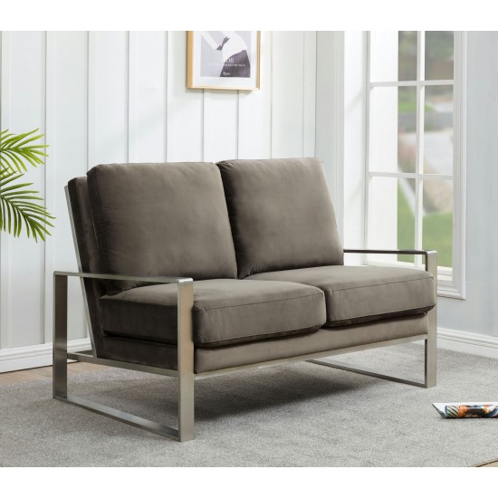 Leisuremod Jefferson Contemporary Velvet Loveseat With Silver Frame, Dark Grey