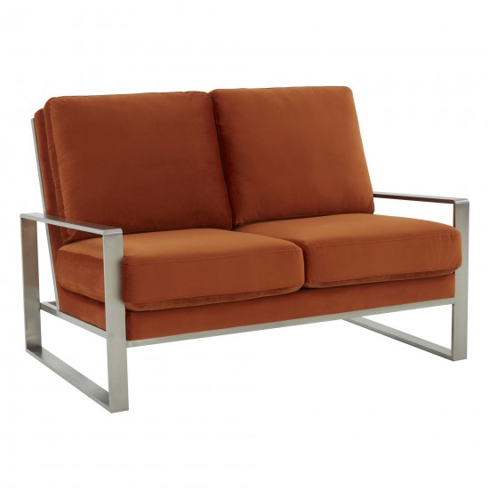 Leisuremod Jefferson Contemporary Velvet Loveseat With Silver Frame, Orange