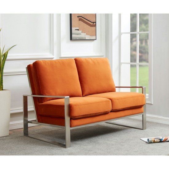 Leisuremod Jefferson Contemporary Velvet Loveseat With Silver Frame, Orange