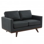 LeisureMod Chester Modern Leather Loveseat With Birch Wood Base, Black