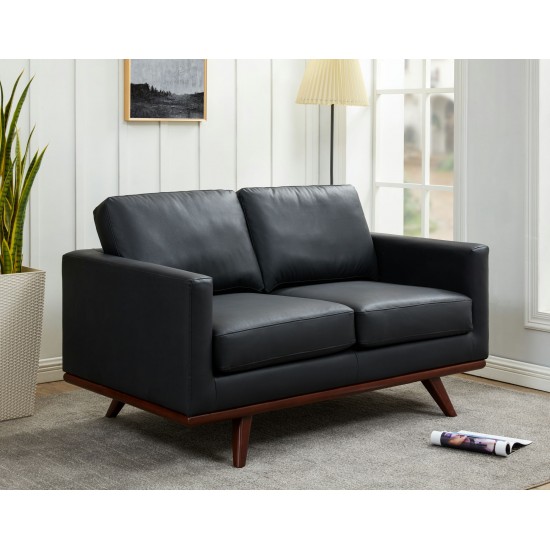 LeisureMod Chester Modern Leather Loveseat With Birch Wood Base, Black