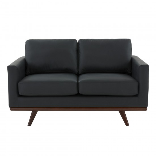 LeisureMod Chester Modern Leather Loveseat With Birch Wood Base, Black