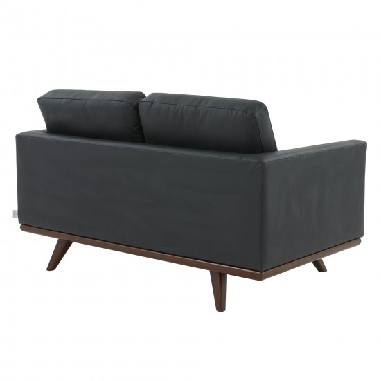 LeisureMod Chester Modern Leather Loveseat With Birch Wood Base, Black