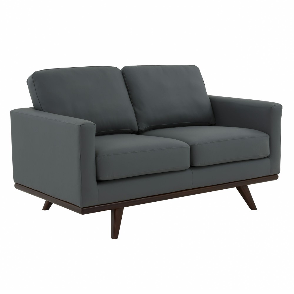 LeisureMod Chester Modern Leather Loveseat With Birch Wood Base, Grey LeisureMod Chester Modern Leather Loveseat With Birch Wood Base, Grey