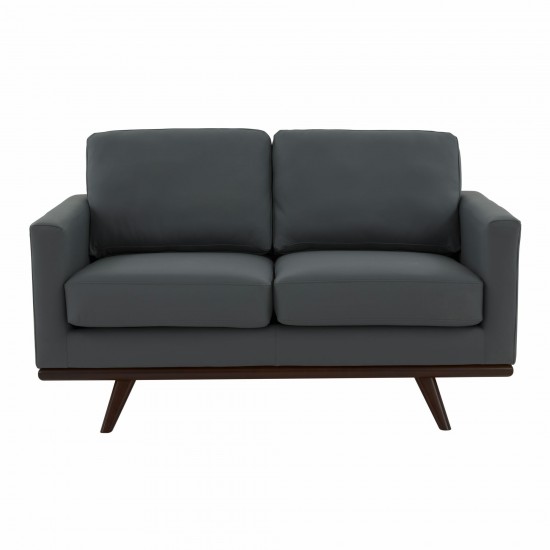 LeisureMod Chester Modern Leather Loveseat With Birch Wood Base, Grey