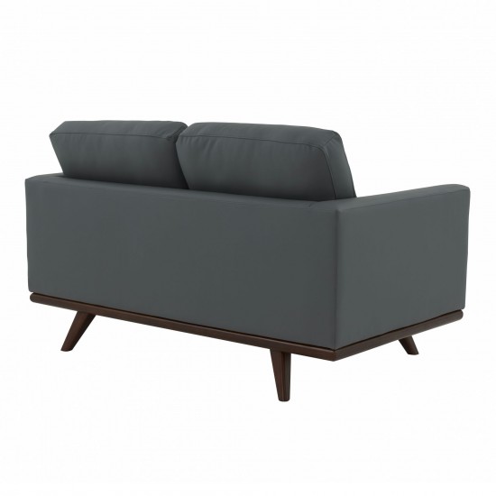 LeisureMod Chester Modern Leather Loveseat With Birch Wood Base, Grey