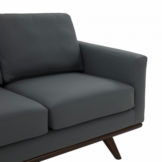 LeisureMod Chester Modern Leather Loveseat With Birch Wood Base, Grey