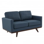 LeisureMod Chester Modern Leather Loveseat With Birch Wood Base, Navy Blue