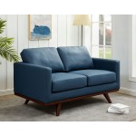 LeisureMod Chester Modern Leather Loveseat With Birch Wood Base, Navy Blue