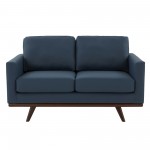 LeisureMod Chester Modern Leather Loveseat With Birch Wood Base, Navy Blue