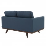 LeisureMod Chester Modern Leather Loveseat With Birch Wood Base, Navy Blue