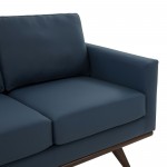 LeisureMod Chester Modern Leather Loveseat With Birch Wood Base, Navy Blue