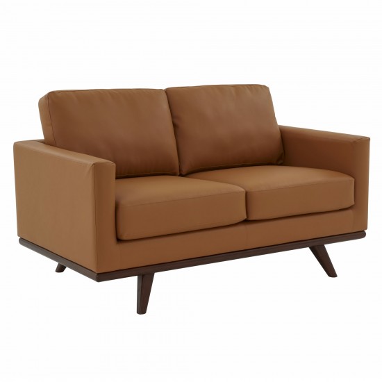 LeisureMod Chester Modern Leather Loveseat With Birch Wood Base, Cognac Tan