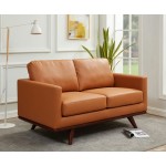 LeisureMod Chester Modern Leather Loveseat With Birch Wood Base, Cognac Tan