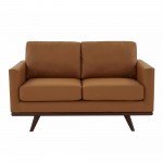 LeisureMod Chester Modern Leather Loveseat With Birch Wood Base, Cognac Tan