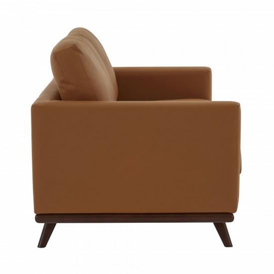 LeisureMod Chester Modern Leather Loveseat With Birch Wood Base, Cognac Tan