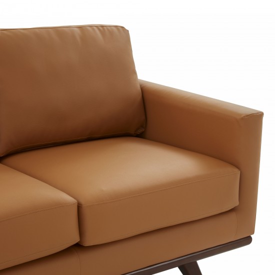 LeisureMod Chester Modern Leather Loveseat With Birch Wood Base, Cognac Tan