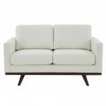 LeisureMod Chester Modern Leather Loveseat With Birch Wood Base, White