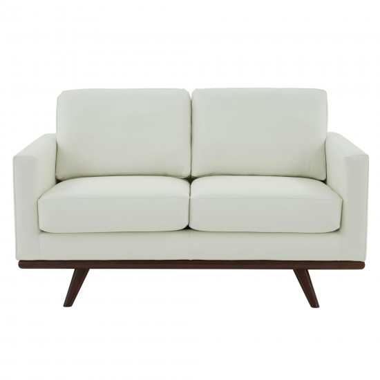 LeisureMod Chester Modern Leather Loveseat With Birch Wood Base, White