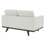 LeisureMod Chester Modern Leather Loveseat With Birch Wood Base, White