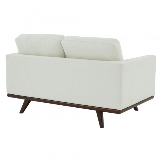 LeisureMod Chester Modern Leather Loveseat With Birch Wood Base, White