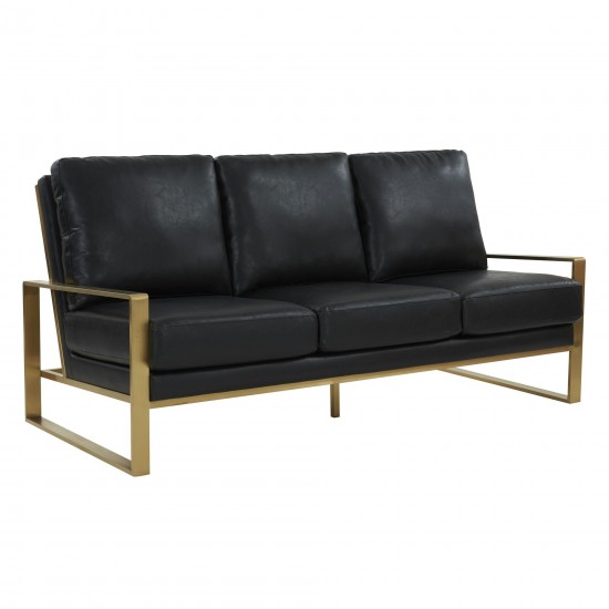 LeisureMod Jefferson Modern Design Leather Sofa With Gold Frame, Black