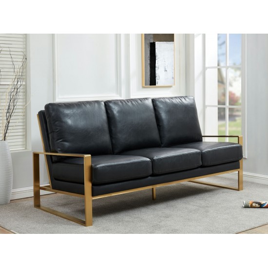 LeisureMod Jefferson Modern Design Leather Sofa With Gold Frame, Black