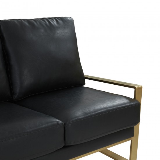 LeisureMod Jefferson Modern Design Leather Sofa With Gold Frame, Black
