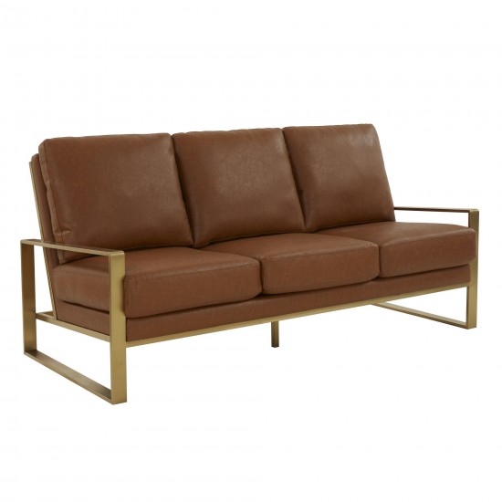 LeisureMod Jefferson Modern Design Leather Sofa With Gold Frame, Cognac Tan