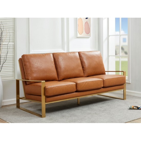 LeisureMod Jefferson Modern Design Leather Sofa With Gold Frame, Cognac Tan