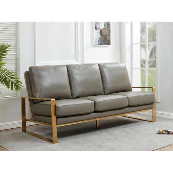 LeisureMod Jefferson Modern Design Leather Sofa With Gold Frame, Grey