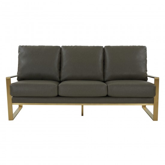 LeisureMod Jefferson Modern Design Leather Sofa With Gold Frame, Grey