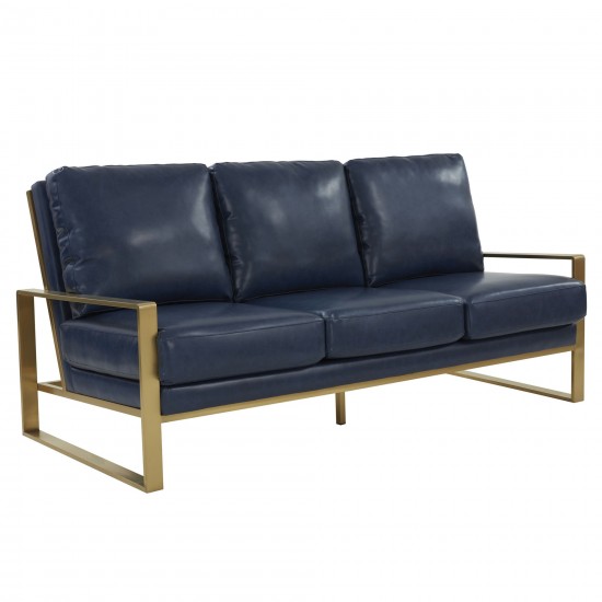 LeisureMod Jefferson Modern Design Leather Sofa With Gold Frame, Navy Blue