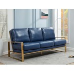 LeisureMod Jefferson Modern Design Leather Sofa With Gold Frame, Navy Blue