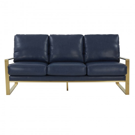 LeisureMod Jefferson Modern Design Leather Sofa With Gold Frame, Navy Blue