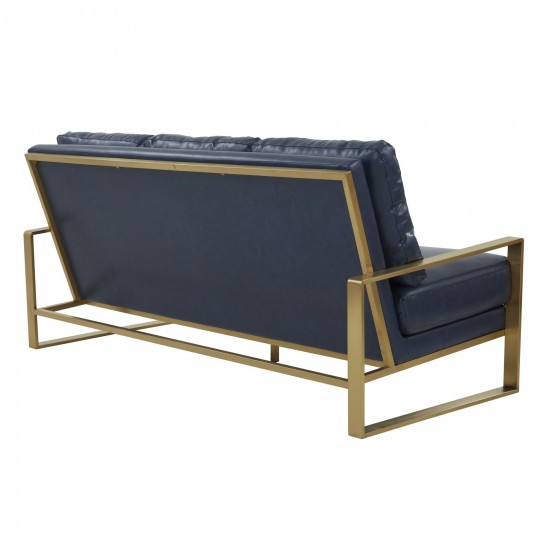 LeisureMod Jefferson Modern Design Leather Sofa With Gold Frame, Navy Blue