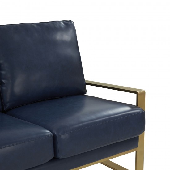 LeisureMod Jefferson Modern Design Leather Sofa With Gold Frame, Navy Blue