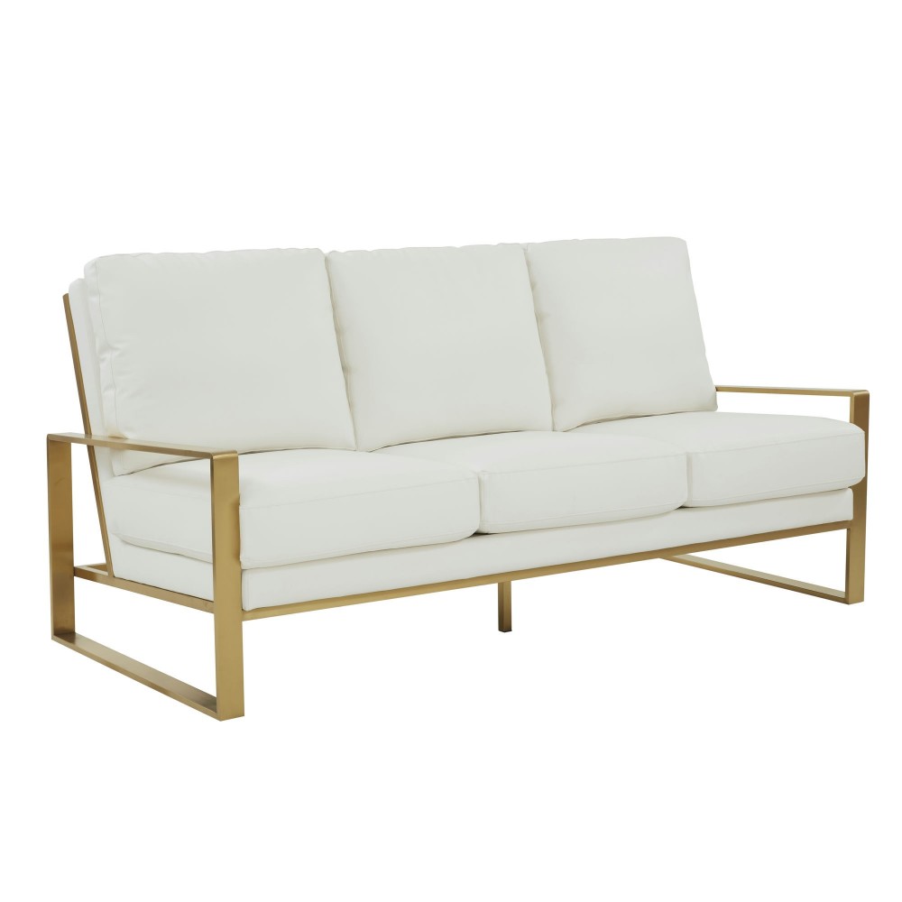 LeisureMod Jefferson Modern Design Leather Sofa With Gold Frame, White