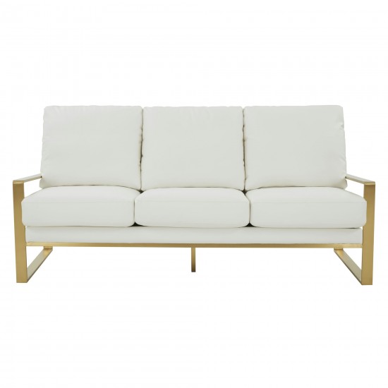 LeisureMod Jefferson Modern Design Leather Sofa With Gold Frame, White