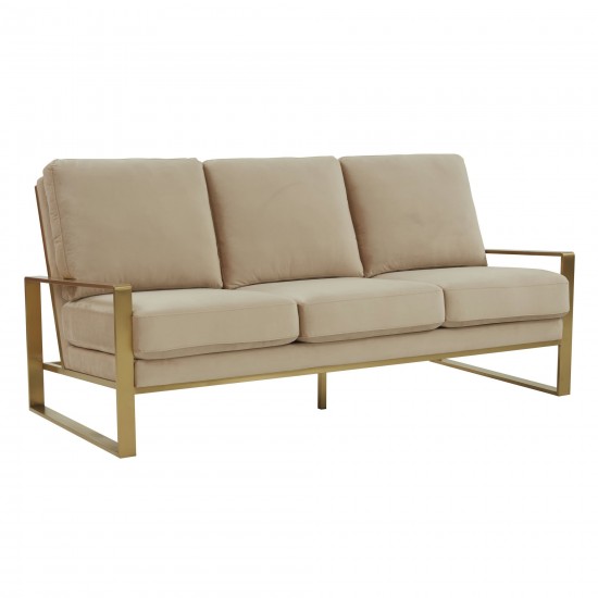 LeisureMod Jefferson Contemporary Modern Velvet Sofa With Gold Frame, Beige