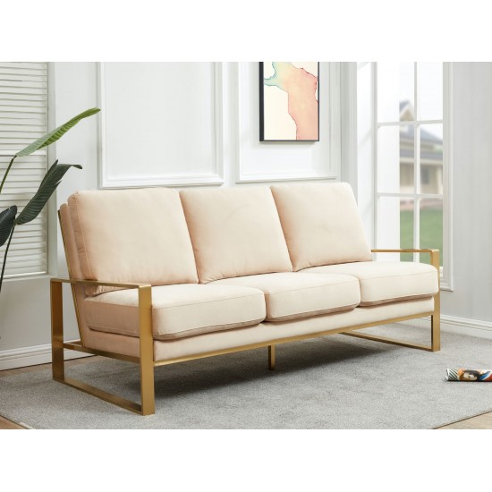 LeisureMod Jefferson Contemporary Modern Velvet Sofa With Gold Frame, Beige