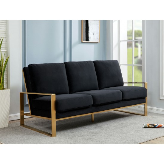 LeisureMod Jefferson Contemporary Modern Velvet Sofa With Gold Frame, Black