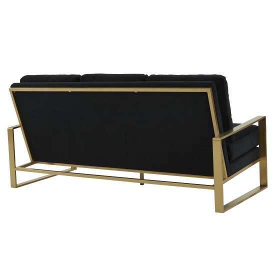 LeisureMod Jefferson Contemporary Modern Velvet Sofa With Gold Frame, Black